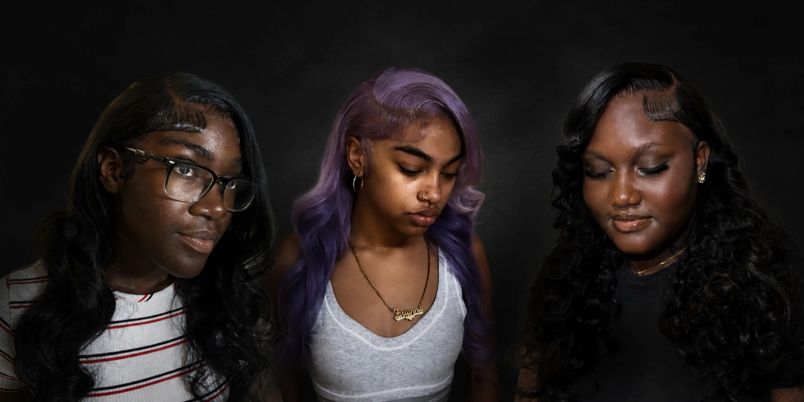 Three beauty portraits against a dark editorial background